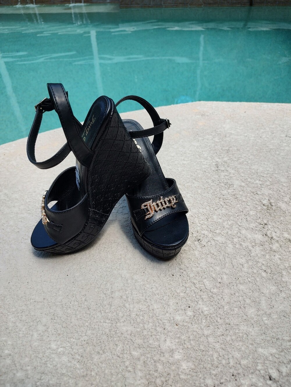 Juicy Couture Black Wedge Sandals with Ankle Strap - Picture 4 of 15